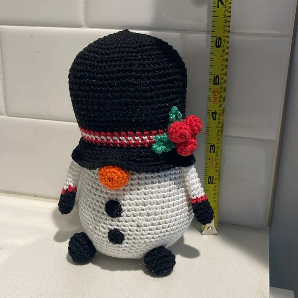 Handcrafted Snowman Gnome with Holly Winter Holiday Seasonal Christmas Crochet - Picture 11 of 12